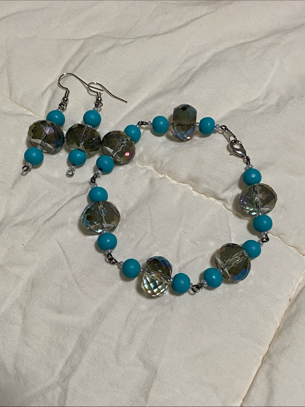 Turquoise Bead & Faceted Crystal Bracelet with Matching Earrings